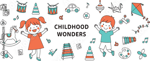 Happy children playing with toys and musical instruments for nursery education and preschool learning hand-drawn vector illustration doodle art