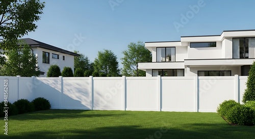 Vinyl privacy fence with clean white panels in a suburban backyard, bright sunny day highlighting neat residential environment and modern home exterior concept.