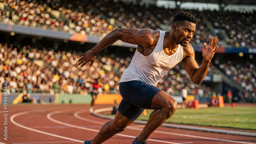 Obraz premium Dynamic Sprint: Focused African American Athlete Racing on Track