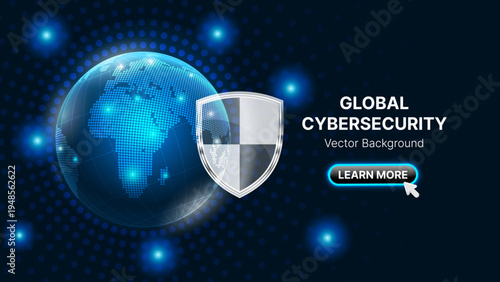 Global Cybersecurity Shield with Digital Earth Globe – Network Data Protection Technology Vector Background