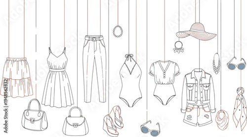 Hand drawn summer fashion collection with clothes accessories and vacation essentials in a minimalist thin line style vector illustration doodle art