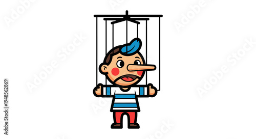 Pinocchio puppet with long nose smiling.