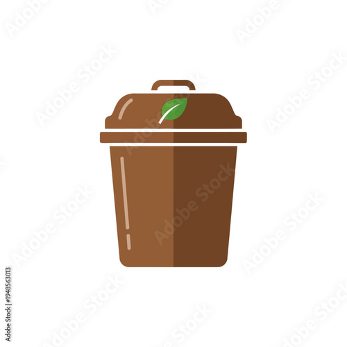 A brown compost bin with a green leaf symbol on its lid, representing organic waste and recycling for a sustainable environment