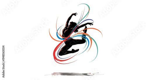 A dynamic silhouette of a dancer gracefully leaping amidst vibrant, swirling colorful lines, symbolizing artistic expression and energetic movement.