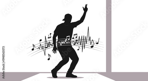 A dynamic silhouette of a dancer in a cap, surrounded by flowing musical notes and sound waves, perfectly capturing the essence of rhythm and energetic motion.