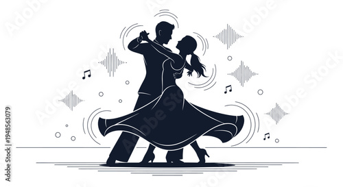 A stunning silhouette illustration beautifully captures a graceful couple dancing with elegance and passion, surrounded by musical notes and sparkling elements.