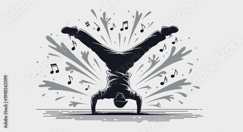 Vibrant graphic illustration of a breakdancer performing an inverted handstand split, surrounded by energetic musical notes and abstract splashes, capturing dynamic urban rhythm.