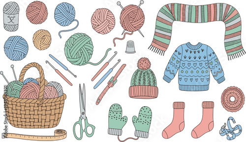 Handmade hobby knitting and crochet elements featuring yarn balls needles basket and warm winter clothing clothing hand-drawn vector illustration doodle art