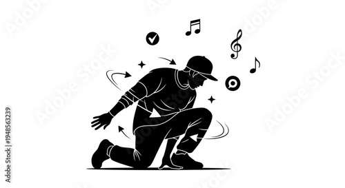 Stylized black silhouette of a male figure in a cap performing a dynamic dance move, encircled by musical notes and abstract energy elements, representing urban culture.