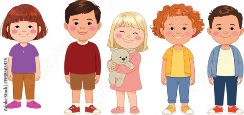 A set of diverse cartoon children standing, featuring happy boys and girls, including a girl holding a teddy bear toy.