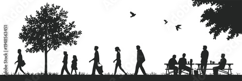 Black silhouette of people walking and sitting at picnic tables in a park with trees and birds on white backgroun