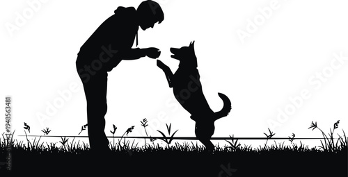 Black silhouette of person training a dog in a field at sunset with grass and nature elements isolated on whit