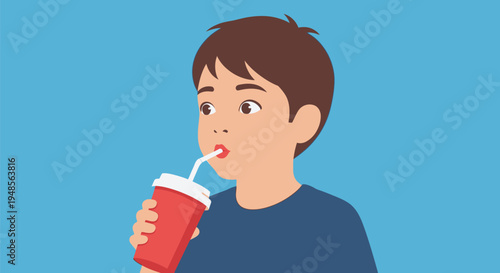 Young Boy Drinking from Red Straw.