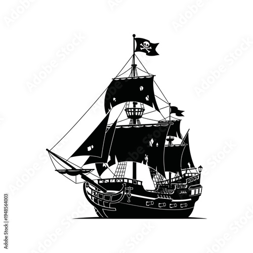Pirate Ship Sailing Vessel Black White Illustration.