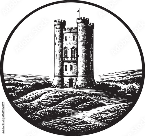 Broadway Tower Worcestershire hilltop folly landmark countryside landscape linocut illustration for travel poster packaging logo design