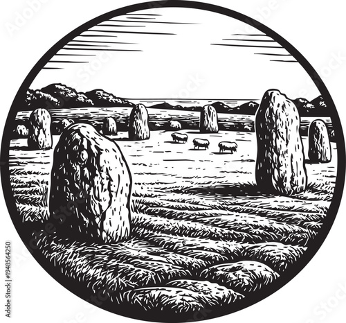 Avebury Stone Circle Wiltshire prehistoric standing stones landscape linocut illustration for travel poster packaging logo design