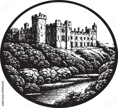 Arundel Castle West Sussex medieval fortress hilltop architecture linocut illustration for travel poster packaging logo design