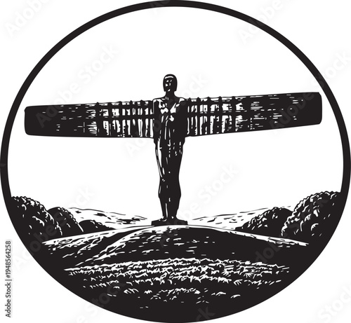 Angel of the North Gateshead monumental steel sculpture hilltop landscape linocut illustration for travel poster packaging logo design