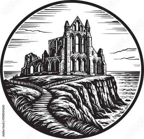 Whitby Abbey North Yorkshire gothic ruins on coastal cliff historic linocut illustration for travel poster packaging logo design