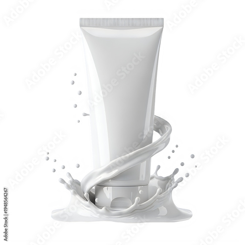 a white tube of toothpaste with a silver cap, some toothpaste squeezed out and splashing around the bottom of the tube