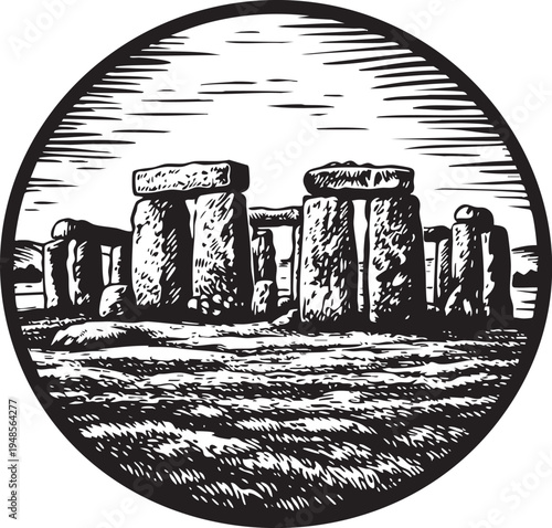 Stonehenge Wiltshire prehistoric stone circle monument landscape linocut illustration for travel poster packaging logo design