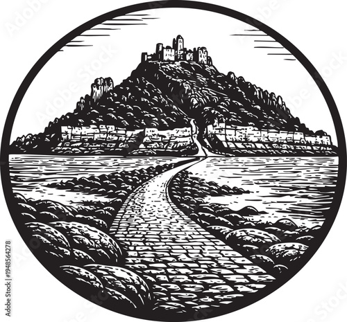 St Michaels Mount Cornwall island castle tidal causeway coastal linocut illustration for travel poster packaging logo design