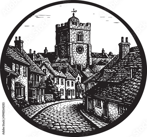 St Marys Tower Rye East Sussex medieval town church tower street scene linocut illustration for travel poster packaging logo design