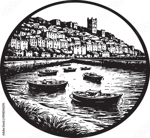 St Ives Harbour Cornwall fishing boats harbor coastal town linocut illustration for travel poster packaging logo design