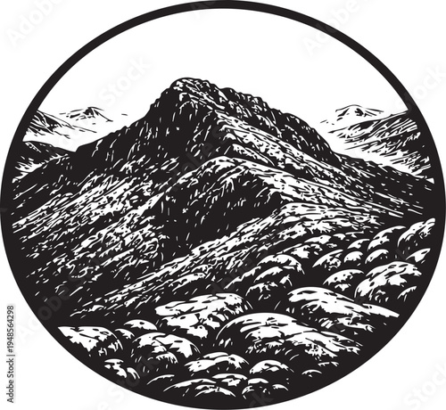 Scafell Pike Lake District highest mountain summit rocky landscape linocut illustration for travel poster packaging logo design