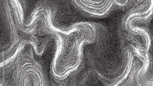 Abstract black and white swirling lines pattern resembling topographic map contours or wood grain texture