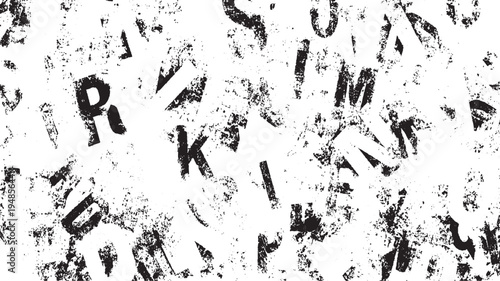 Black distressed uppercase letters scattered across a white textured background grunge abstract