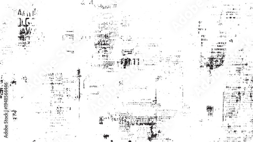 Black and white distressed grunge texture with fragmented text and abstract shapes