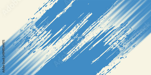 Grunge grainy blue brush stroke with spray texture. Hand drawn distress damaged vintage banner with zigzag bold line. Rough thick brush stroke texture. Spray paint effect vector background.