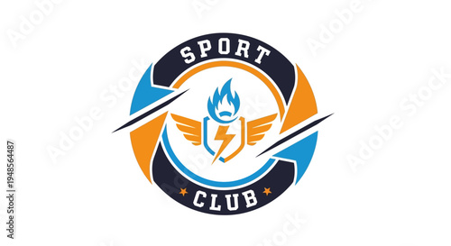 Sport club logo with wings lightning bolt and blue flame emblem