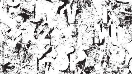 Black and white distressed collage of torn paper fragments with visible letters and numbers abstract