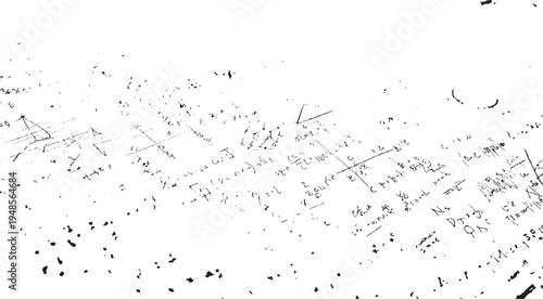 Black ink scribbles and mathematical equations on white paper background abstract chalk clean