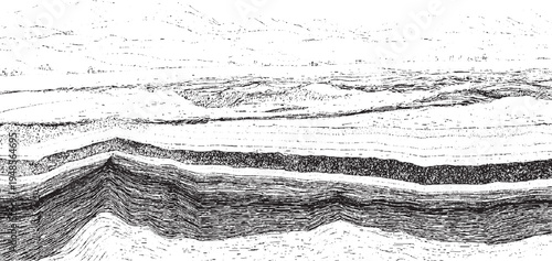 Black and white textured cross-section of layered geological strata with undulating formations geology