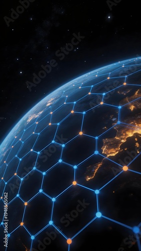Earth viewed from space with a glowing blue network overlay representing global connectivity.