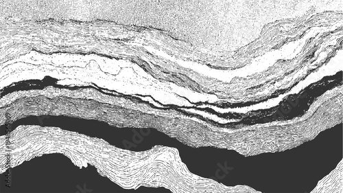 Black and white abstract cross-section of geological strata with wavy layers and textured patterns