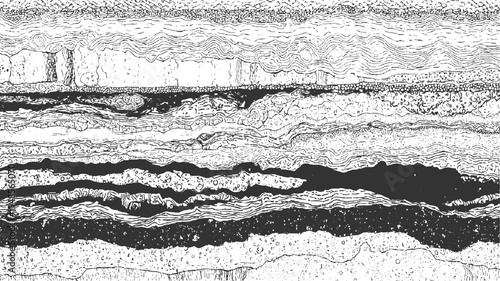 Detailed black and white of geological strata showing layers of rock and sediment with varied textures and wavy patterns