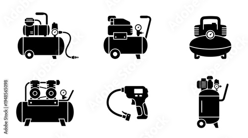 collection of air compressor, 6 filled black minimal icon vector set , white background , PNG and SVG isolate