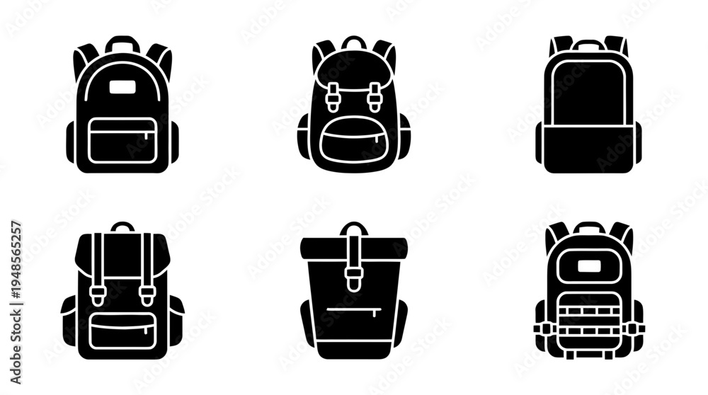 Fototapeta premium collection of backpack, 6 filled black minimal icon vector set , white background , PNG and SVG isolate