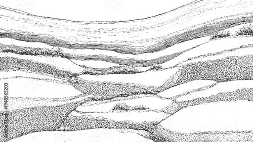Black and white ink of terraced hillsides with textured vegetation and stone walls