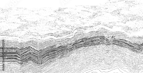 Black and white abstract pattern of wavy lines and dots resembling geological strata or topographic map
