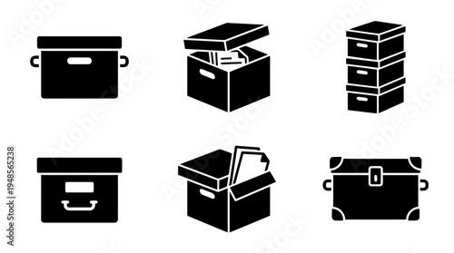 collection of archive box, 6 filled black minimal icon vector set , white background , PNG and SVG isolate