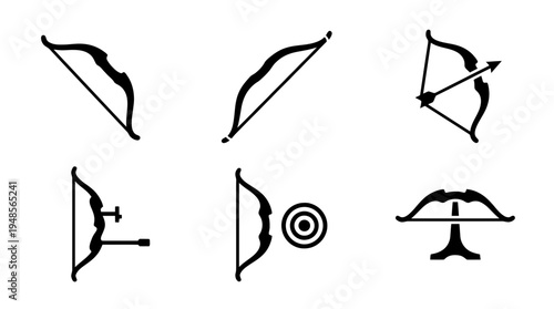 collection of archery bow, 6 filled black minimal icon vector set , white background , PNG and SVG isolate