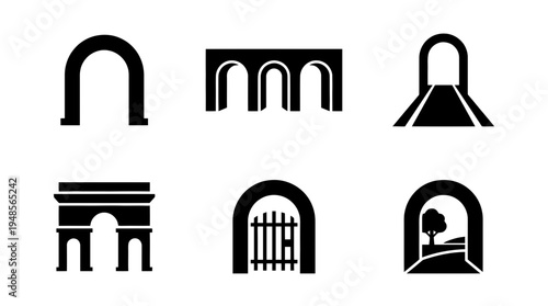 collection of archway, 6 filled black minimal icon vector set , white background , PNG and SVG isolate