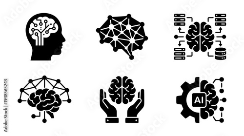 collection of artificial intelligence brain, 6 filled black minimal icon vector set , white background , PNG and SVG isolate