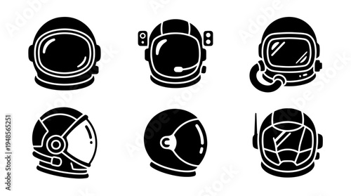 collection of astronaut helmet, 6 filled black minimal icon vector set , white background , PNG and SVG isolate
