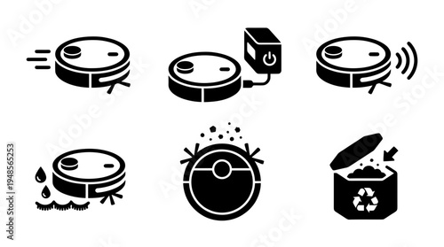 collection of automatic vacuum robot, 6 filled black minimal icon vector set , white background , PNG and SVG isolate
